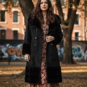 Vintage 60s 70s $275 M/L Black Faux Fur Double Breasted Furrier Made England